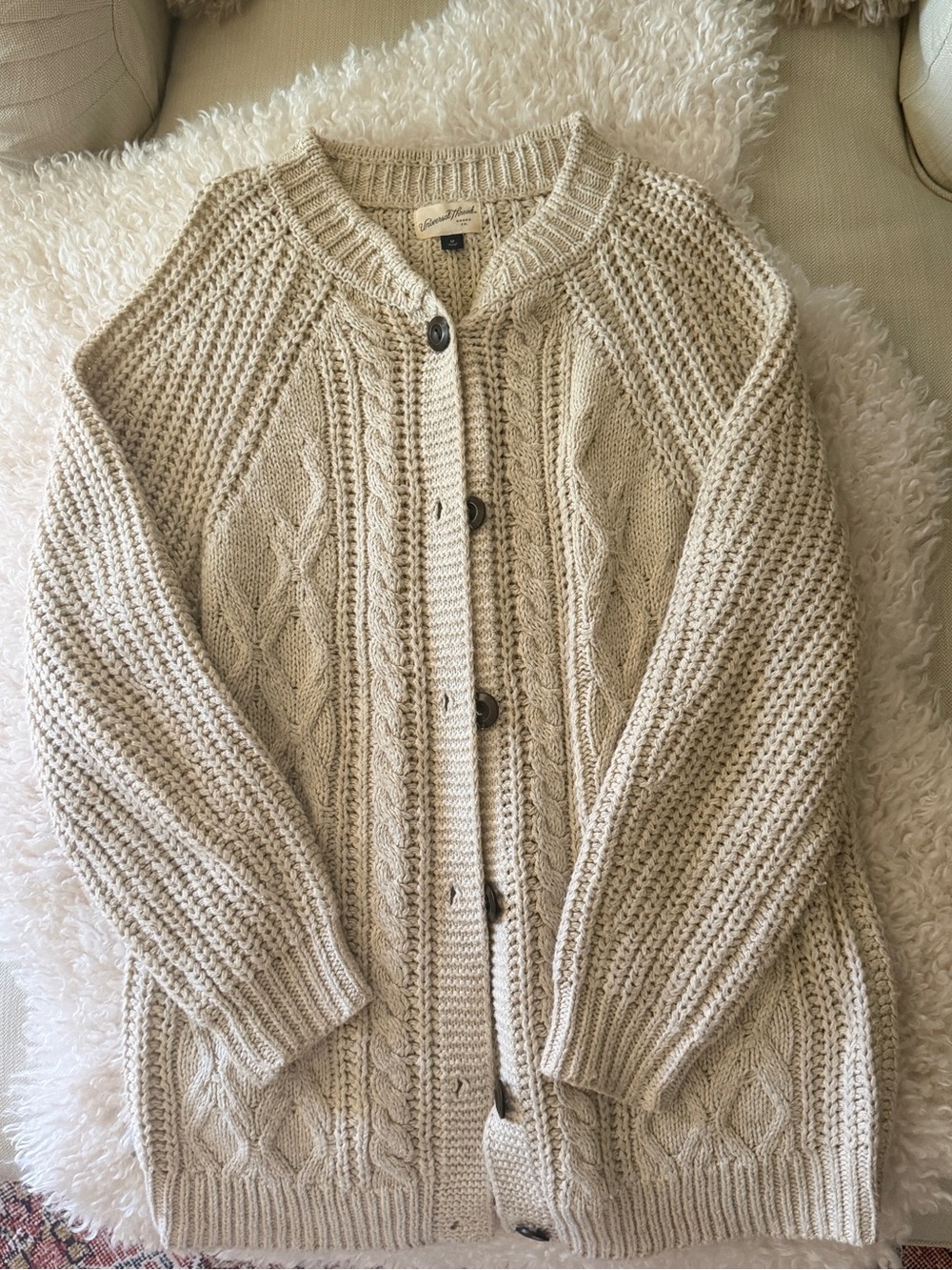 Textured Cream Cable-Knit Button Front Cardigan